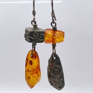 Artisan Sterling Silver & Baltic Amber Dangle‎ Earrings – Signed Handcrafted